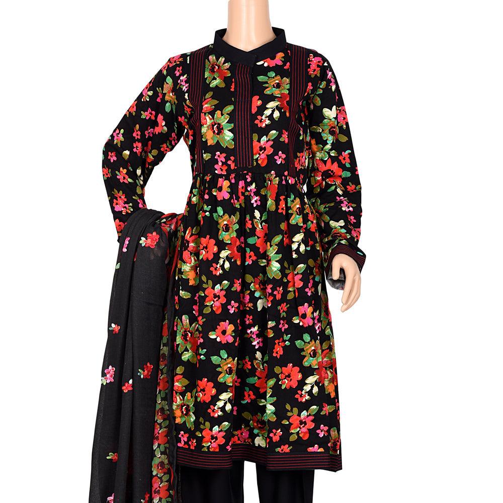 Black Floral Marina Linen Suit with Embroidered Shawl, CD-085