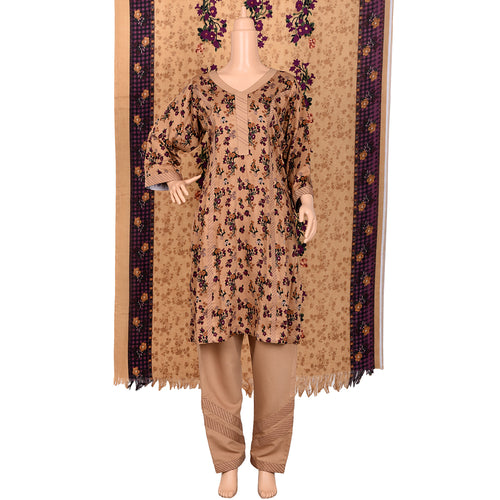 Beige Floral Marina Linen Suit with Purple Shawl, CD-088