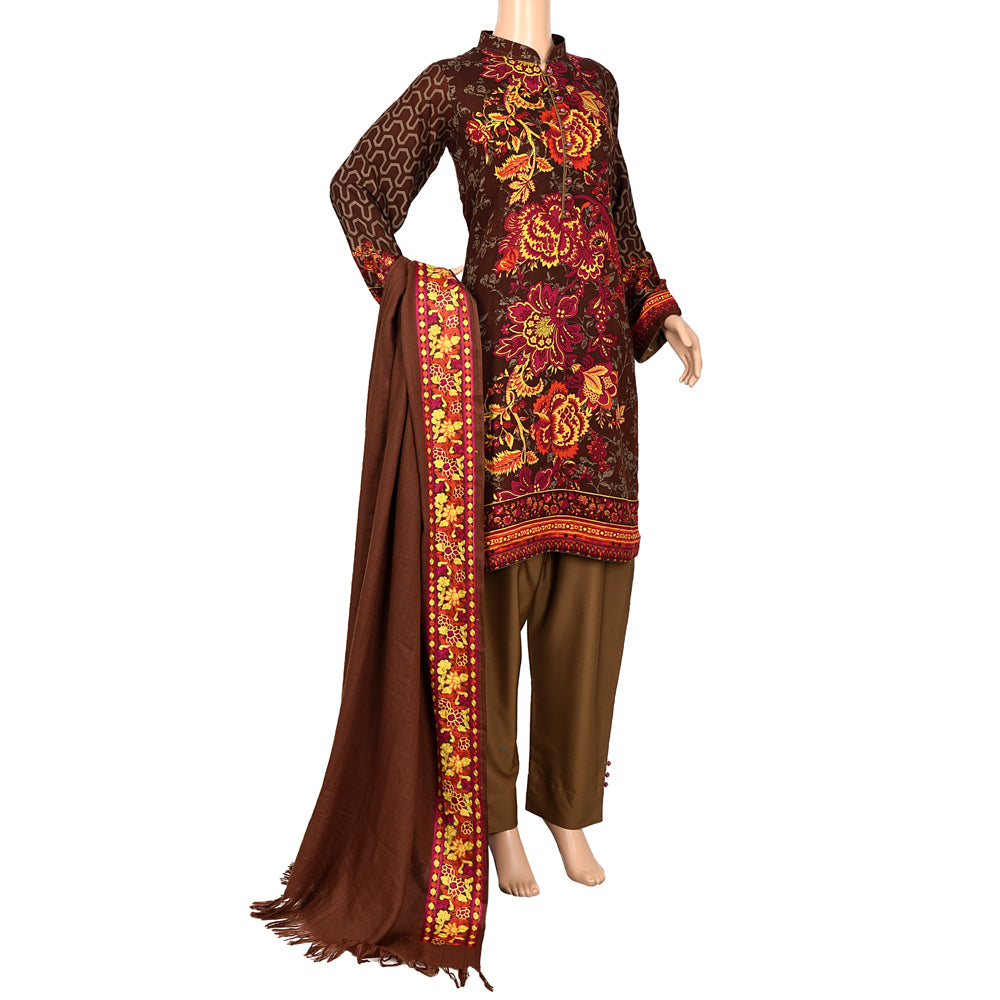 Brown Floral Marina Linen Suit with Embroidered Shawl, CD-081
