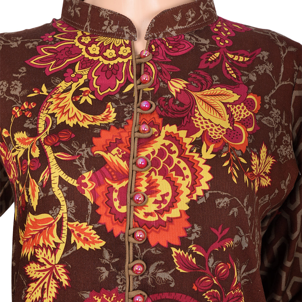 Brown Floral Marina Linen Suit with Embroidered Shawl, CD-081