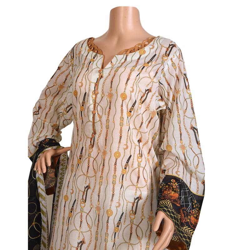 White Printed Lawn Formal Party Suit with Chiffon Dupatta, Lawn 002