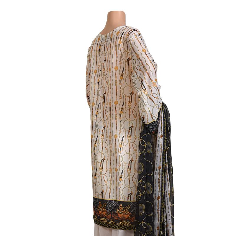 White Printed Lawn Formal Party Suit with Chiffon Dupatta, Lawn 002