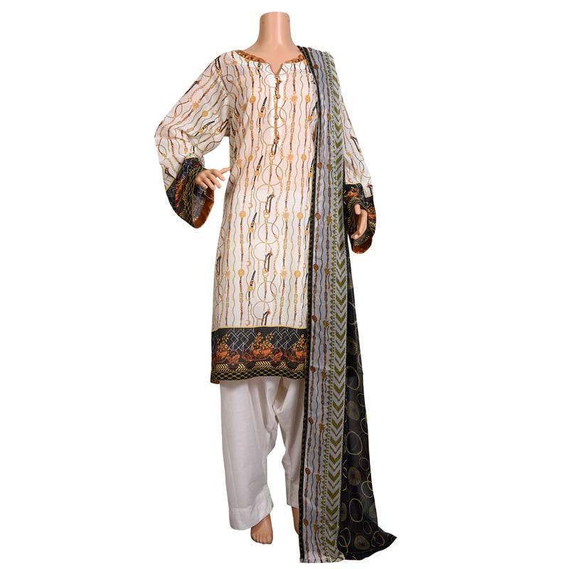 White Printed Lawn Formal Party Suit with Chiffon Dupatta, Lawn 002