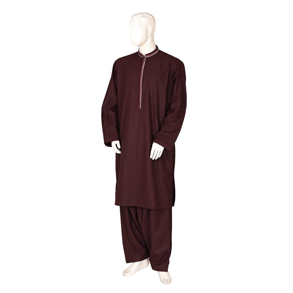 Men's Maroon Shalwar Kameez with Embroidered Placket, MKS-005