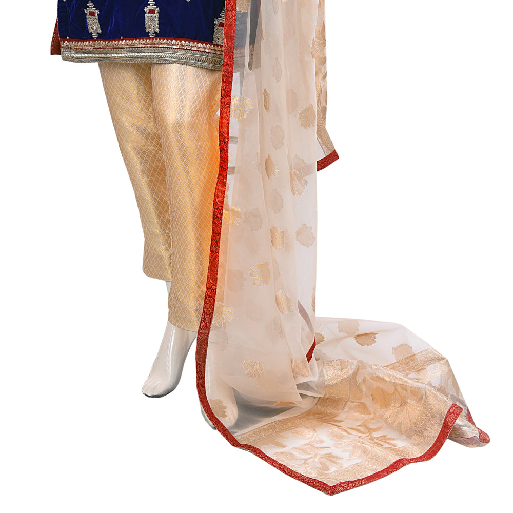 Navy Blue Velvet Suit with Golden Jamawar Trouser and Organza Dupatta KF-092