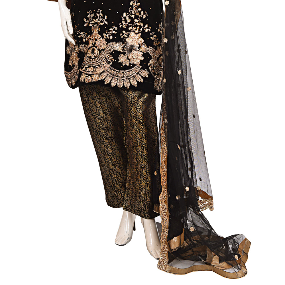 Black Velvet Suit with Gold Embroidery and Banarsi Jamawar Trouser KF-094