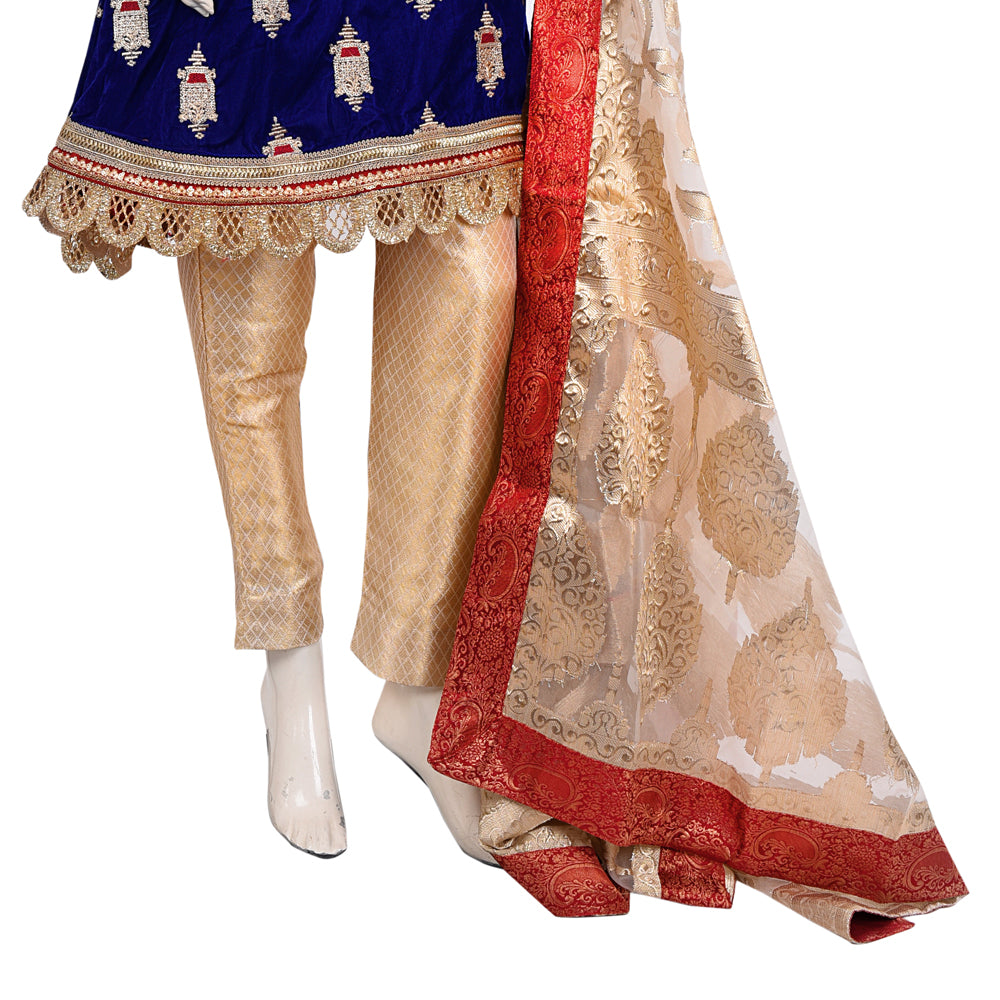 Royal Blue Velvet Suit with Gold Buti, Jamawar Trouser and Organza Dupatta KF-095