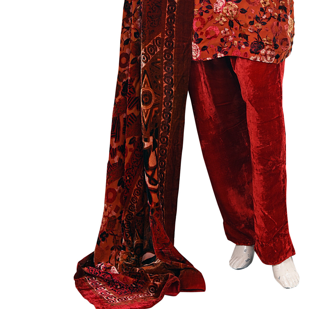 Red Floral Print Palachi Velvet 3 Piece Suit KF-097
