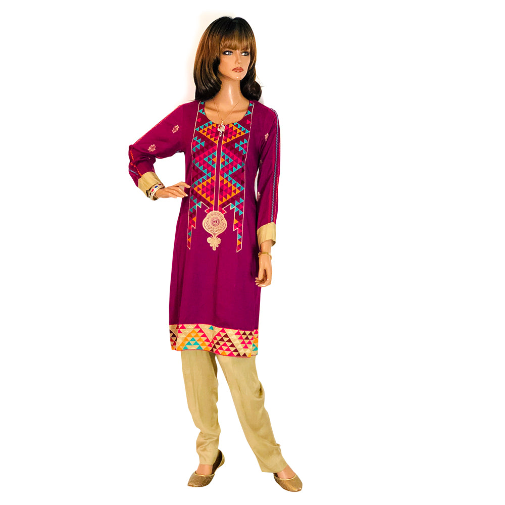 Purple Self Weaving Linen Suit with Machine Embroidery and Shawl, CD-106