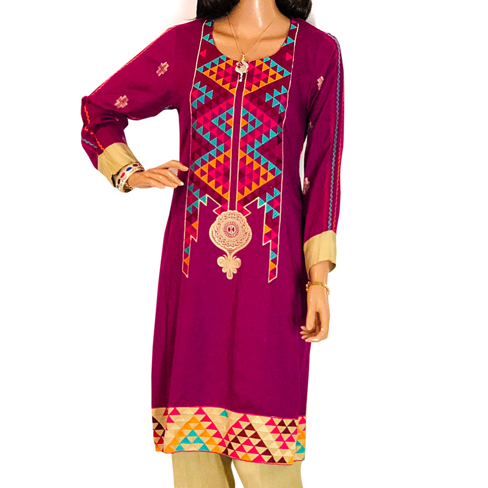 Purple Self Weaving Linen Suit with Machine Embroidery and Shawl, CD-106