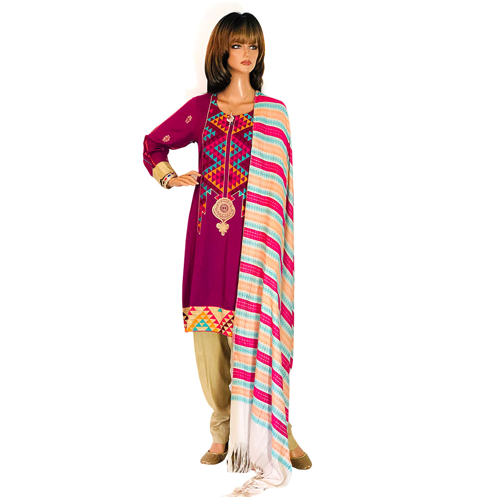 Purple Self Weaving Linen Suit with Machine Embroidery and Shawl, CD-106