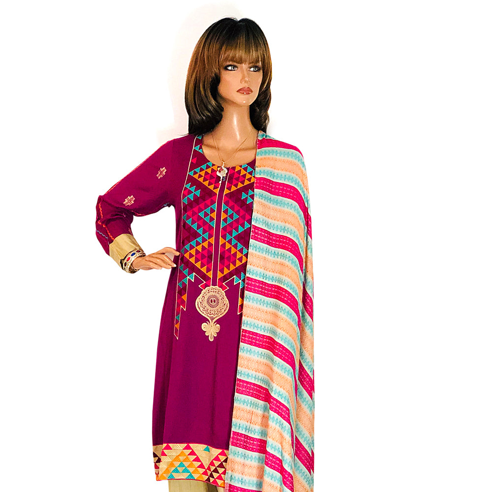 Purple Self Weaving Linen Suit with Machine Embroidery and Shawl, CD-106