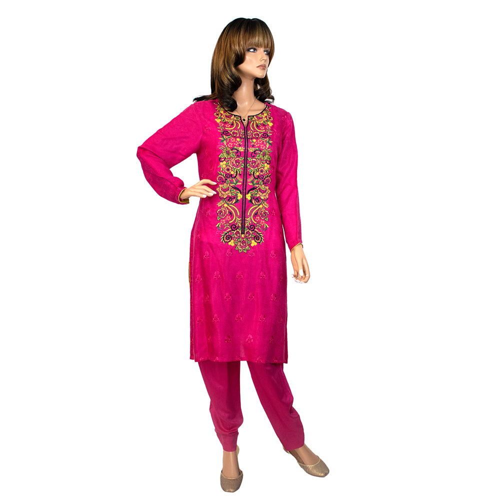 Pink Embroidered Soft Linen Suit with Self Print Shawl, CD-120