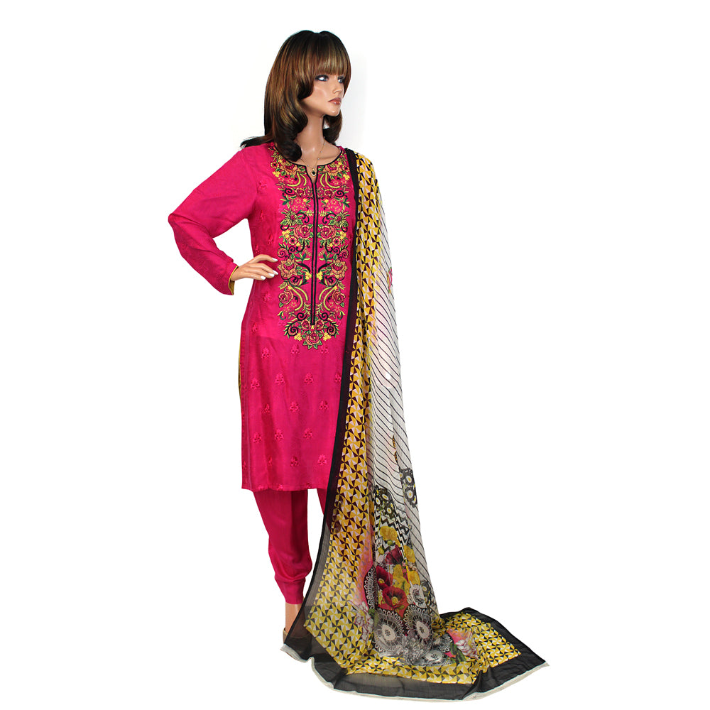 Pink Embroidered Soft Linen Suit with Self Print Shawl, CD-120
