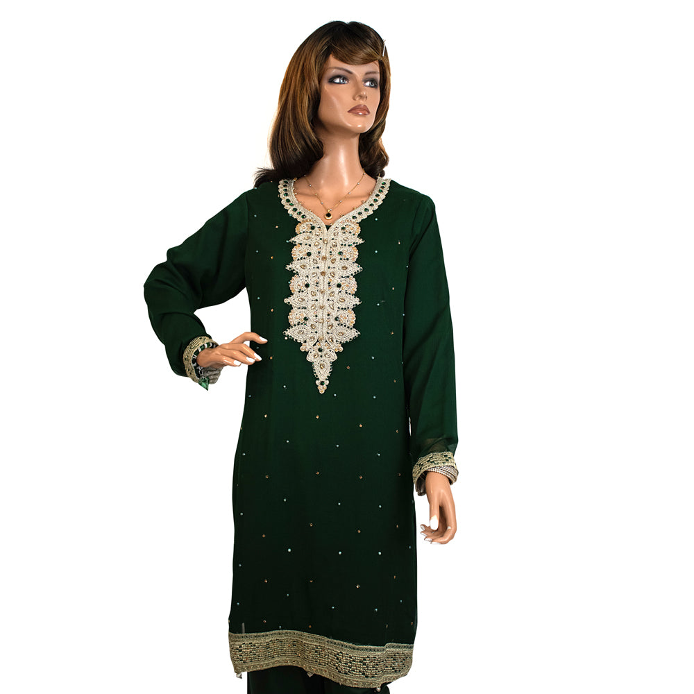 Dark Green Semi Chiffon Party Suit with Viscose Silk Trouser KF-076