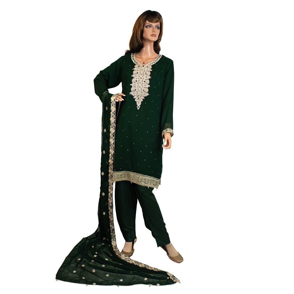 Dark Green Semi Chiffon Party Suit with Viscose Silk Trouser KF-076