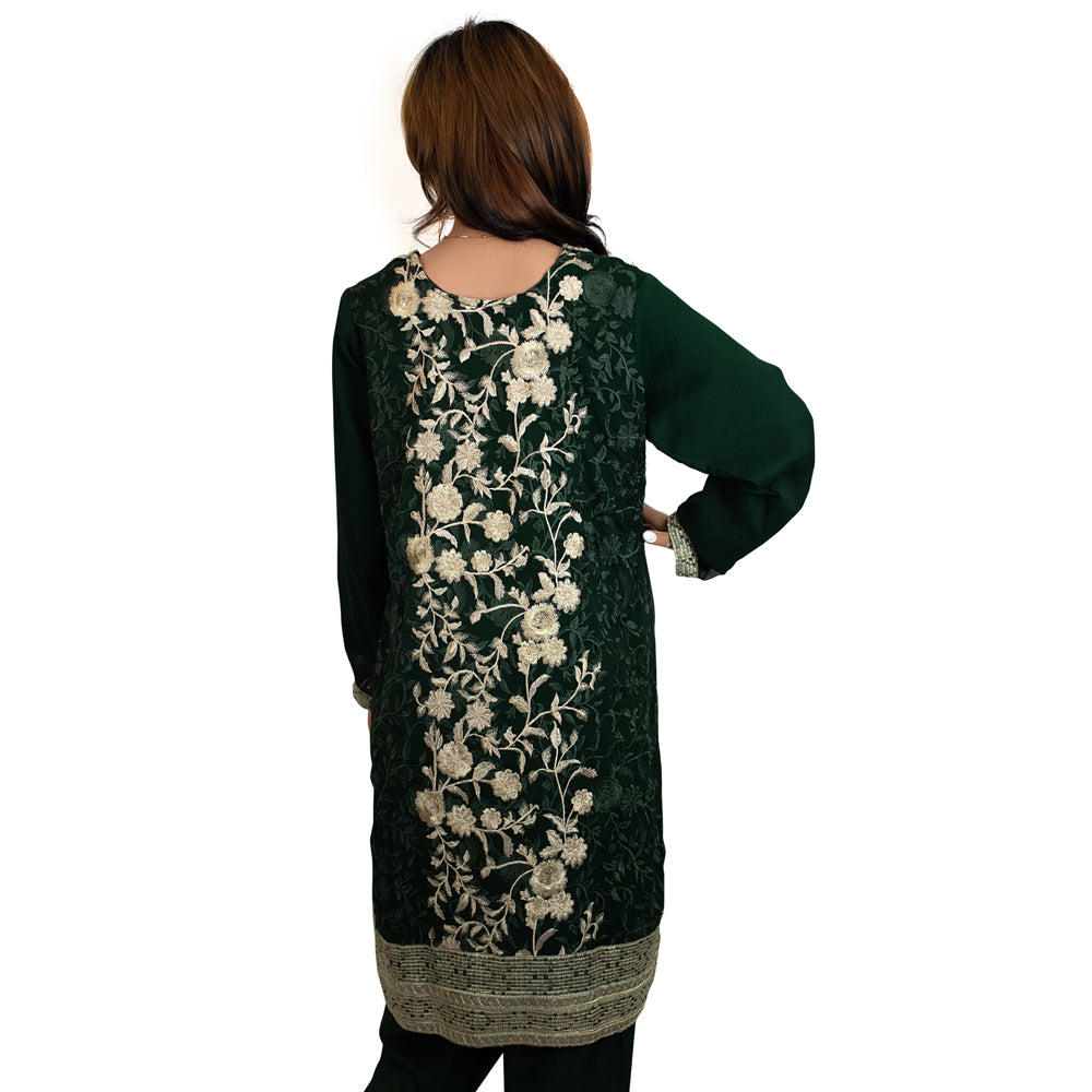 Dark Green Semi Chiffon Party Suit with Viscose Silk Trouser KF-076