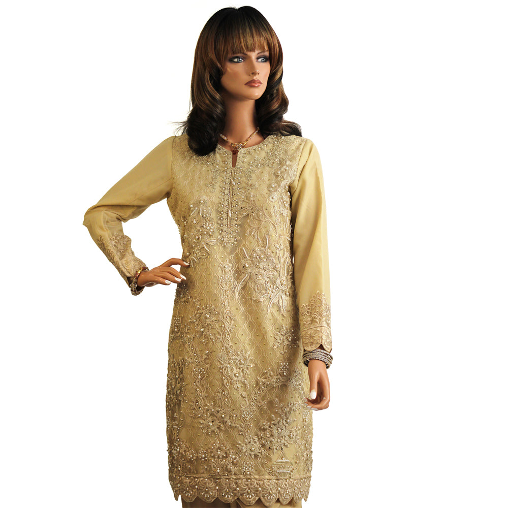 Golden Fancy Net Party Suit with Hand Work KF-035