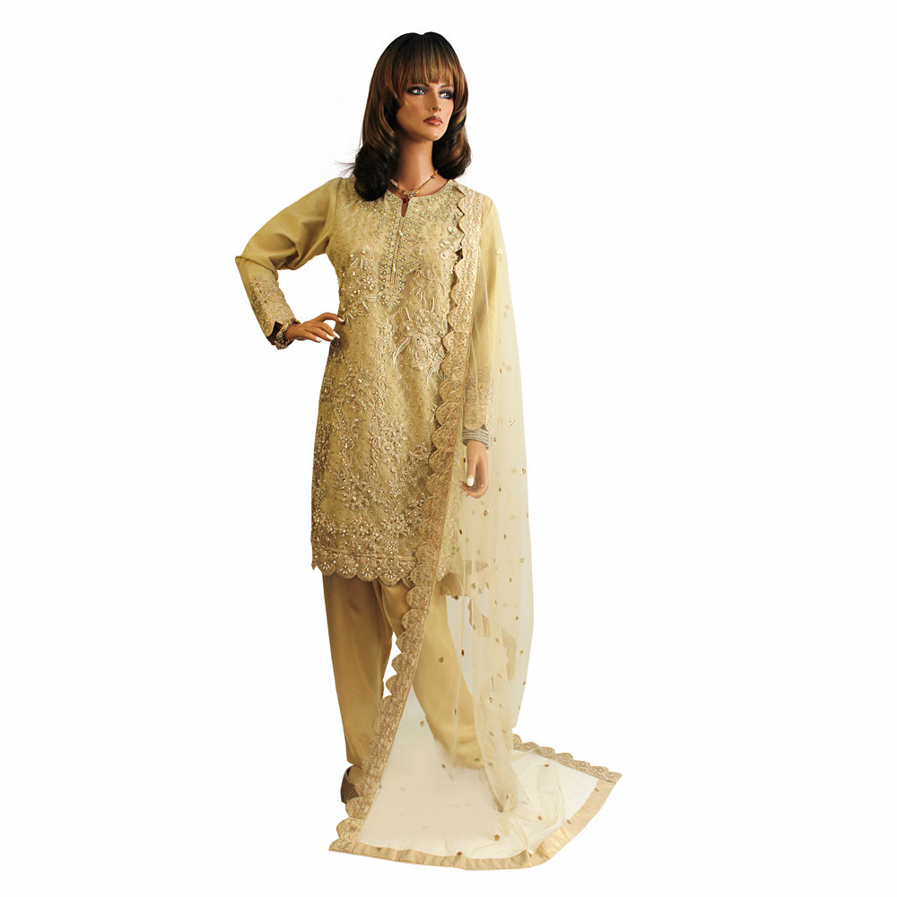 Golden Fancy Net Party Suit with Hand Work KF-035