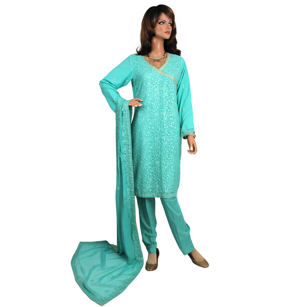 Turquoise Pure Chiffon Party Suit with Sequin Work KF-038