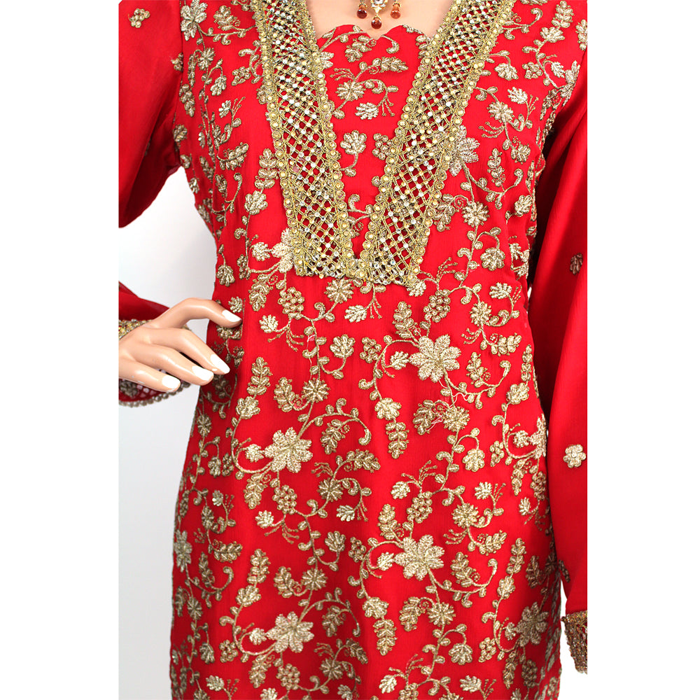 Red Pure Chiffon Party Suit with Gold Embroidery KF-039