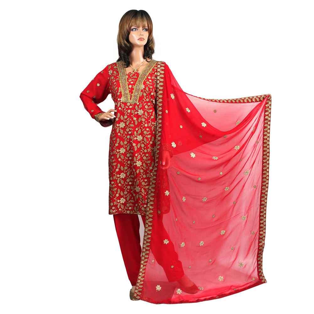 Red Pure Chiffon Party Suit with Gold Embroidery KF-039