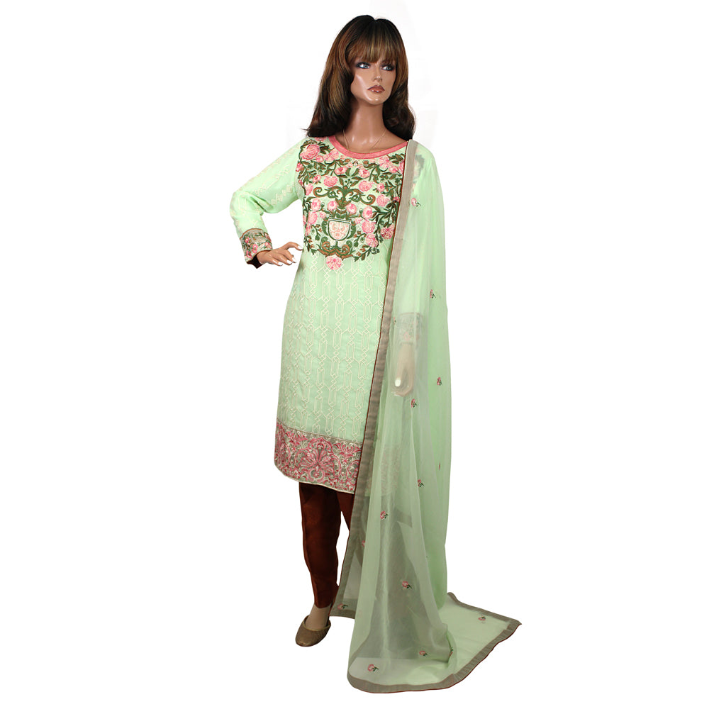 Light Green Embroidered Semi Chiffon Suit with Jamawar Trouser KF-019