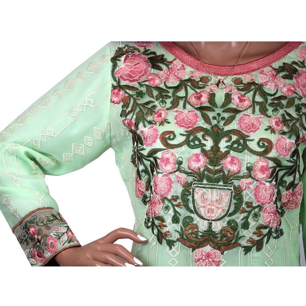 Light Green Embroidered Semi Chiffon Suit with Jamawar Trouser KF-019