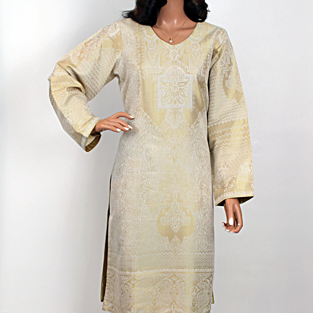 Off White Banarsi Cotton Party Suit with Golden Bead Mesoori Dupatta, Party Wear-002