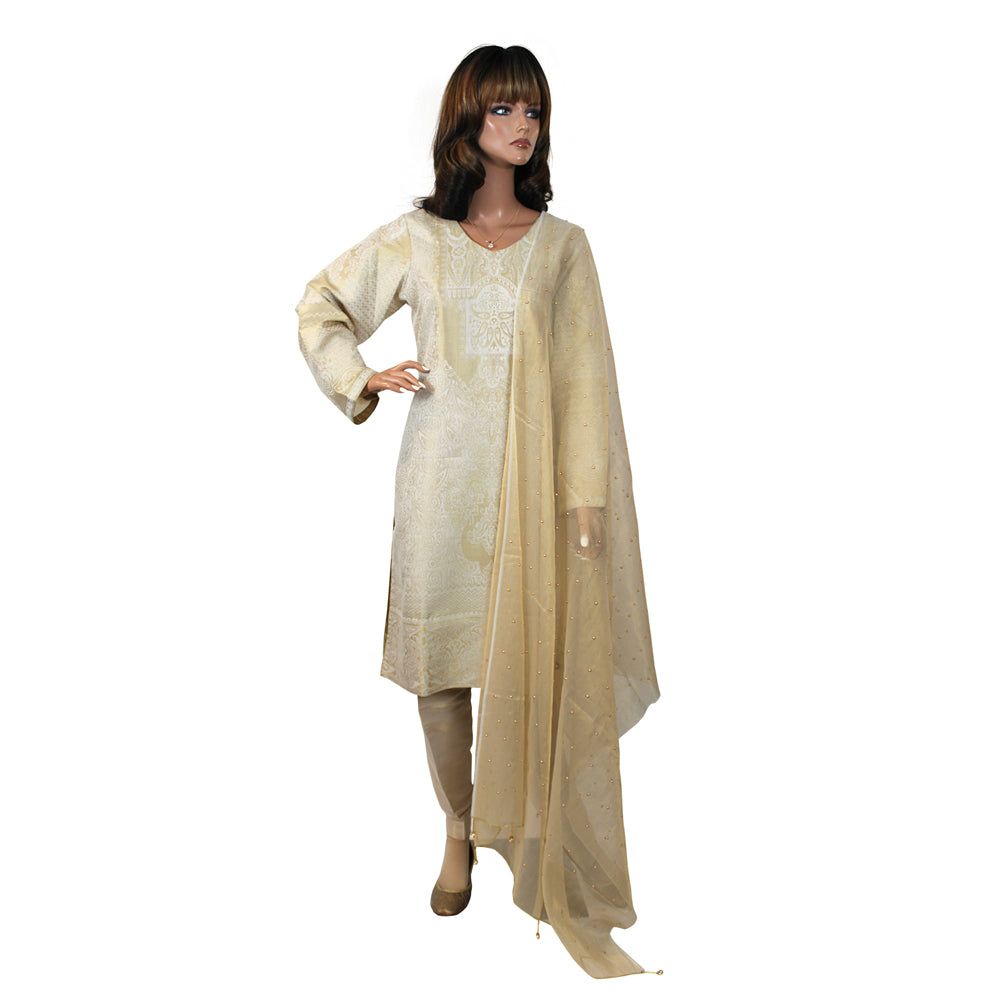 Off White Banarsi Cotton Party Suit with Golden Bead Mesoori Dupatta, Party Wear-002