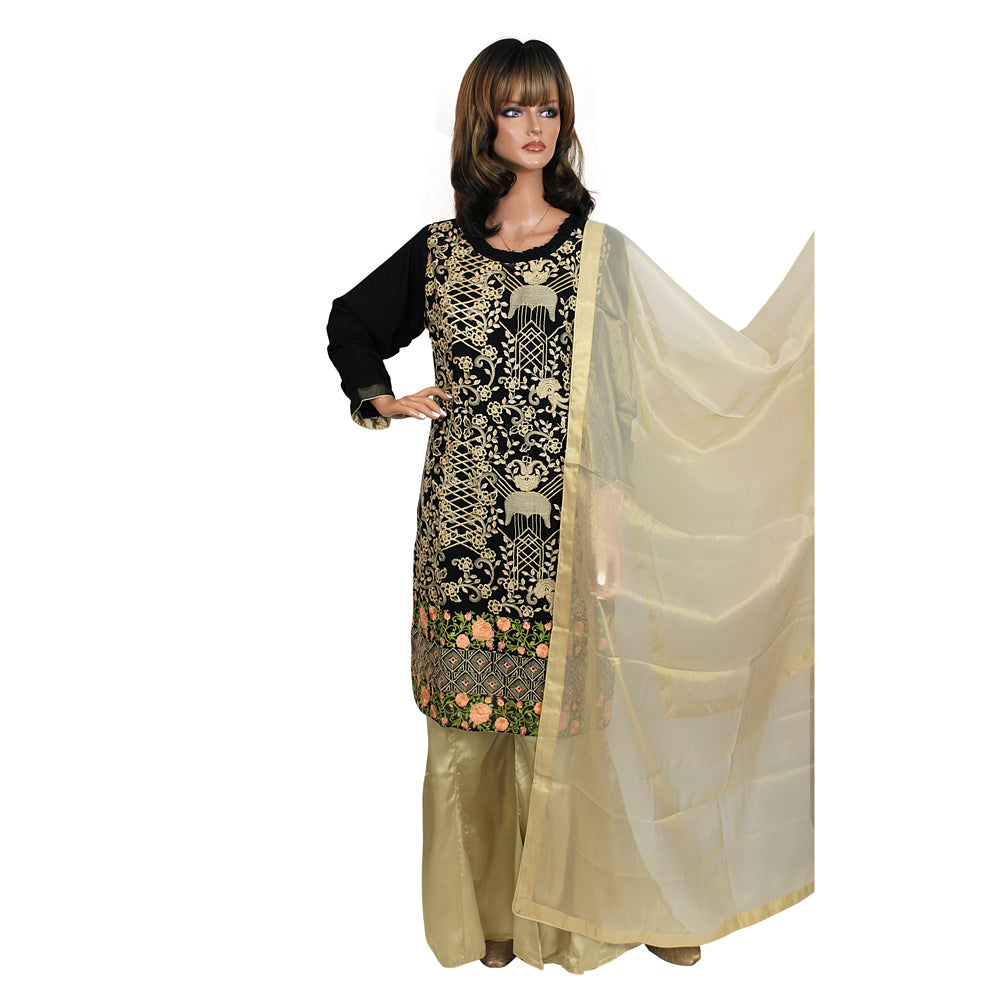 Black and Golden Semi Chiffon Palazzo Suit with Sequin Embroidery, PW-008