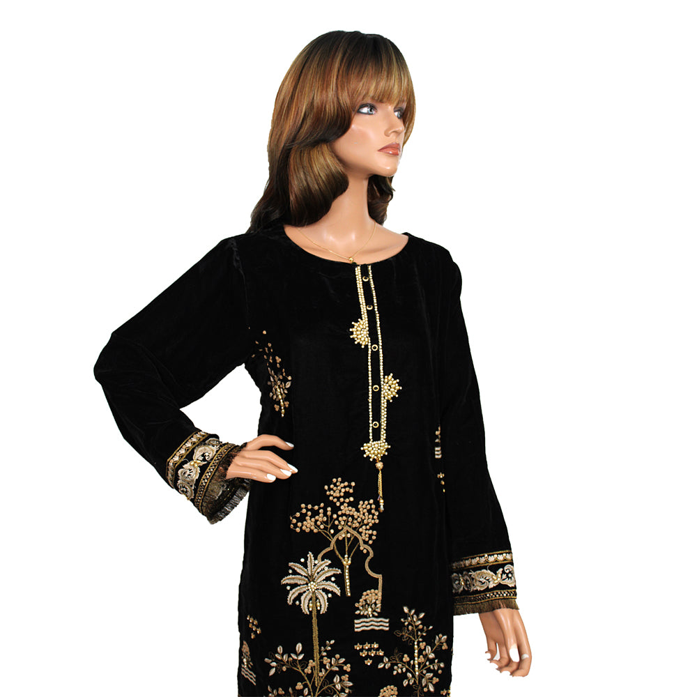 Black Velvet Kurti with Nug and Stone Work and Mesoori Banarsi Dupatta KF-040