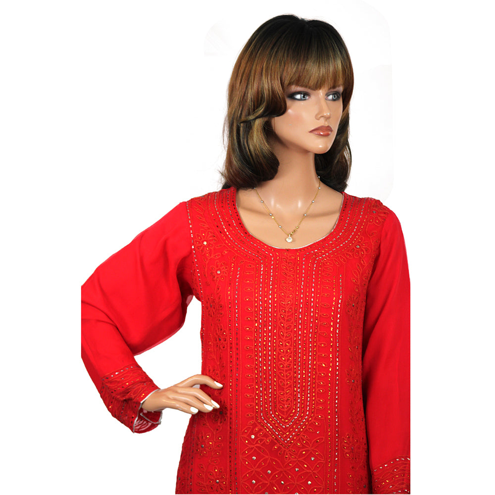 Red Hand Thread and Mukesh Work Pure Chiffon Suit with Silk Satin Trouser KF-006