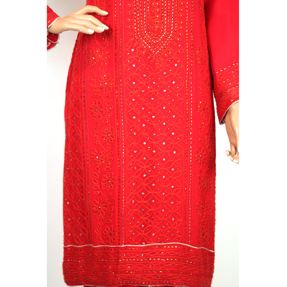 Red Hand Thread and Mukesh Work Pure Chiffon Suit with Silk Satin Trouser KF-006