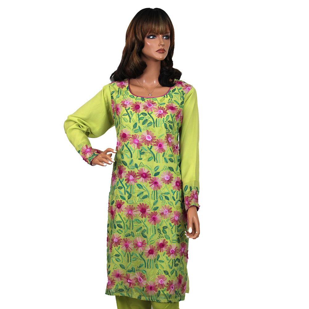 Lime Green Hand Embroidered Indian Chiffon Suit KF-047