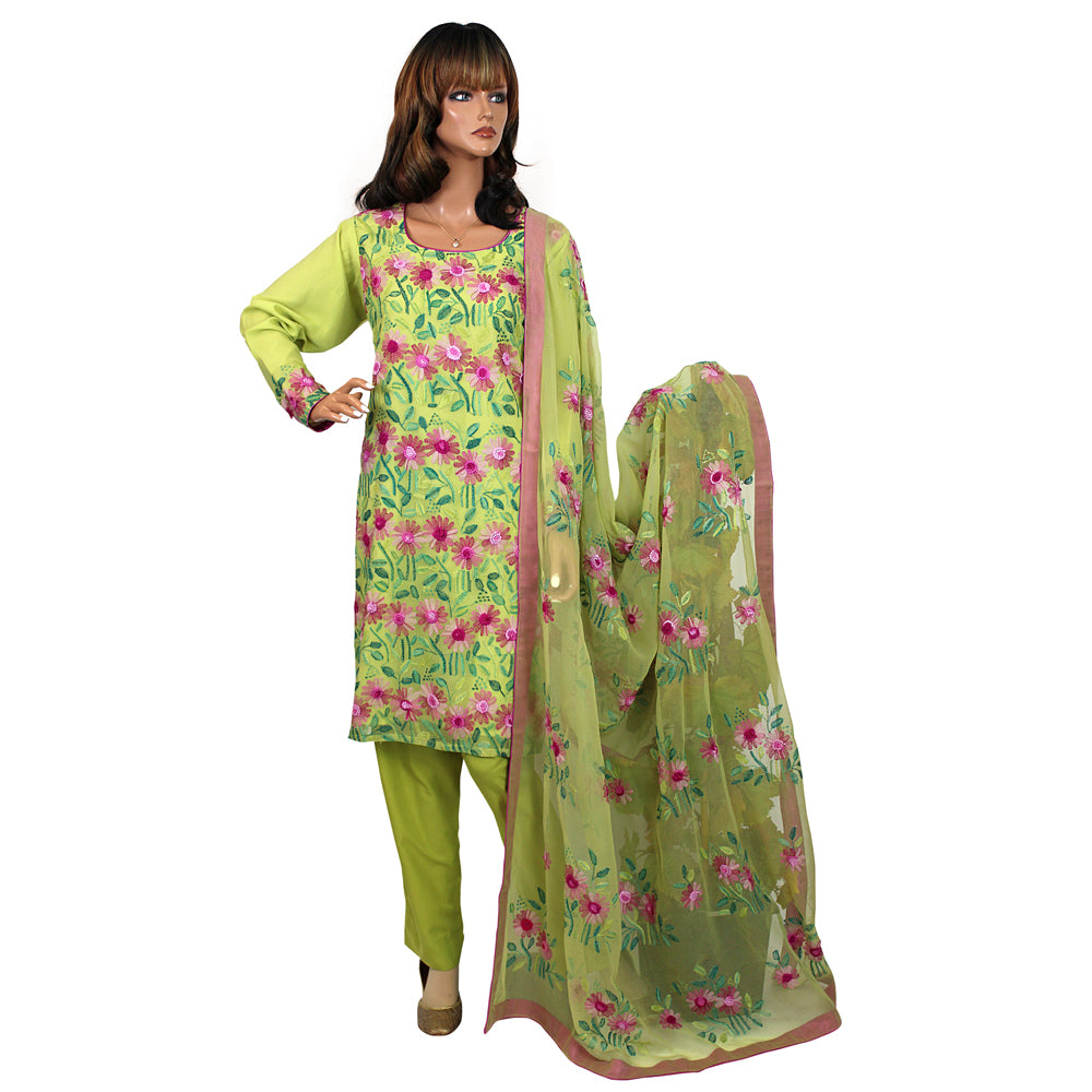 Lime Green Hand Embroidered Indian Chiffon Suit KF-047