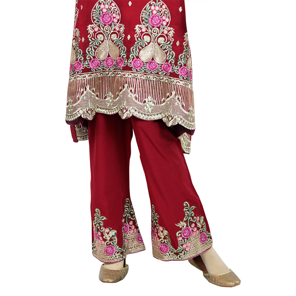 Red Semi Chiffon Suit with Full Thread Embroidery and Net Dupatta KF-050