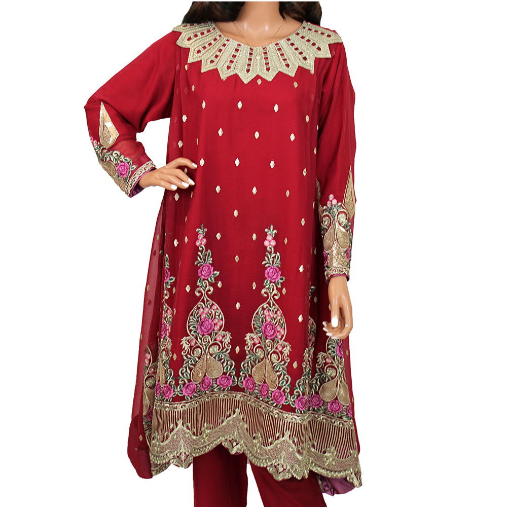 Red Semi Chiffon Suit with Full Thread Embroidery and Net Dupatta KF-050