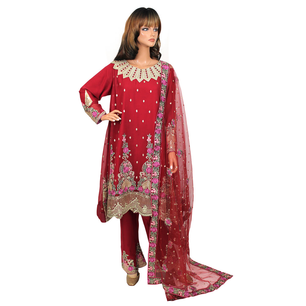 Red Semi Chiffon Suit with Full Thread Embroidery and Net Dupatta KF-050