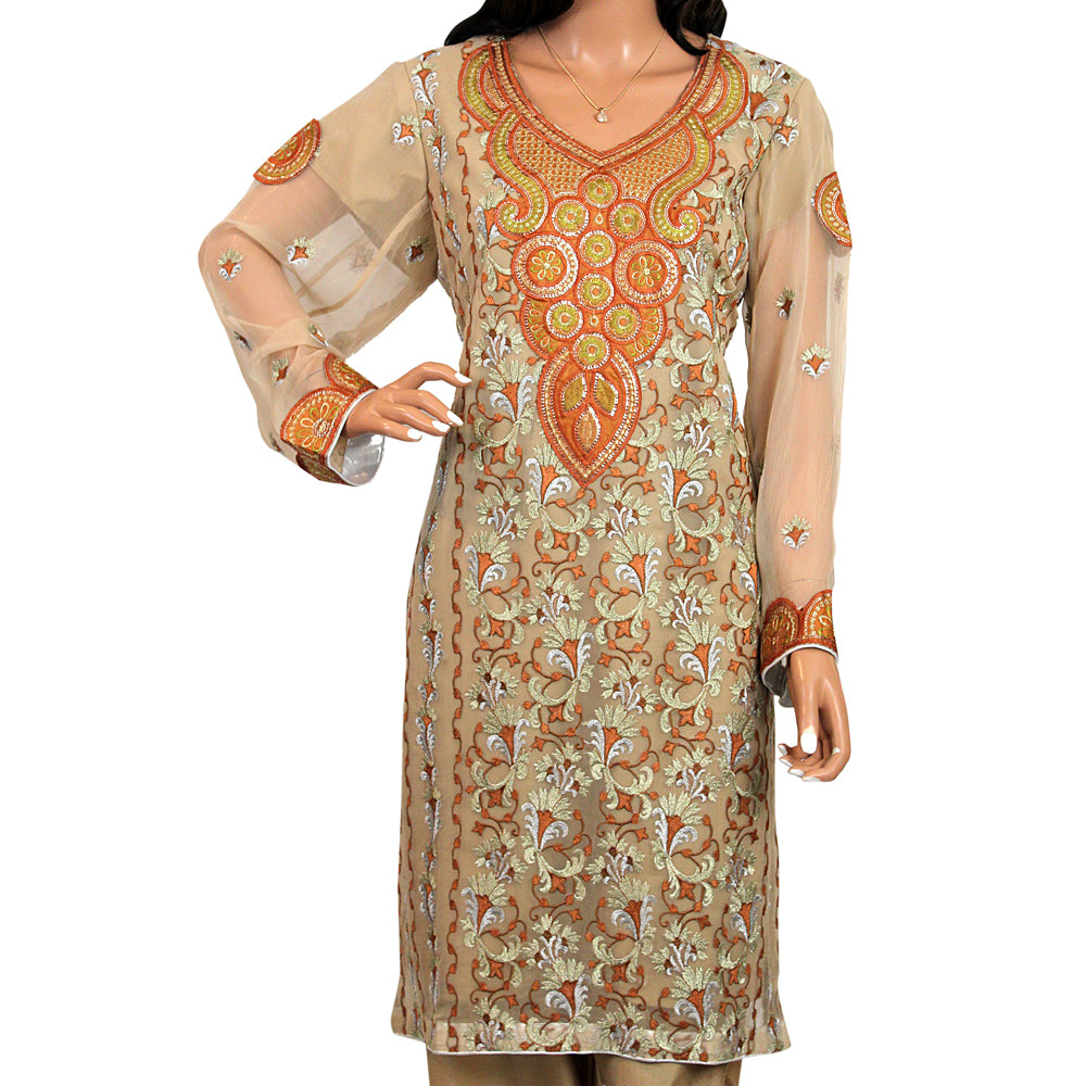 Beige Machine Embroidered Pure Chiffon Suit with Malai Crepe Trouser KF-026