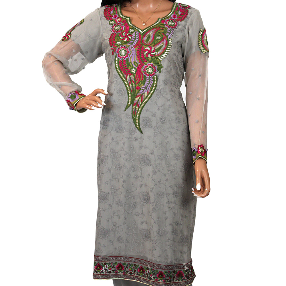 Grey Pure Chiffon Party Suit with Embroidered Yoke KF-054