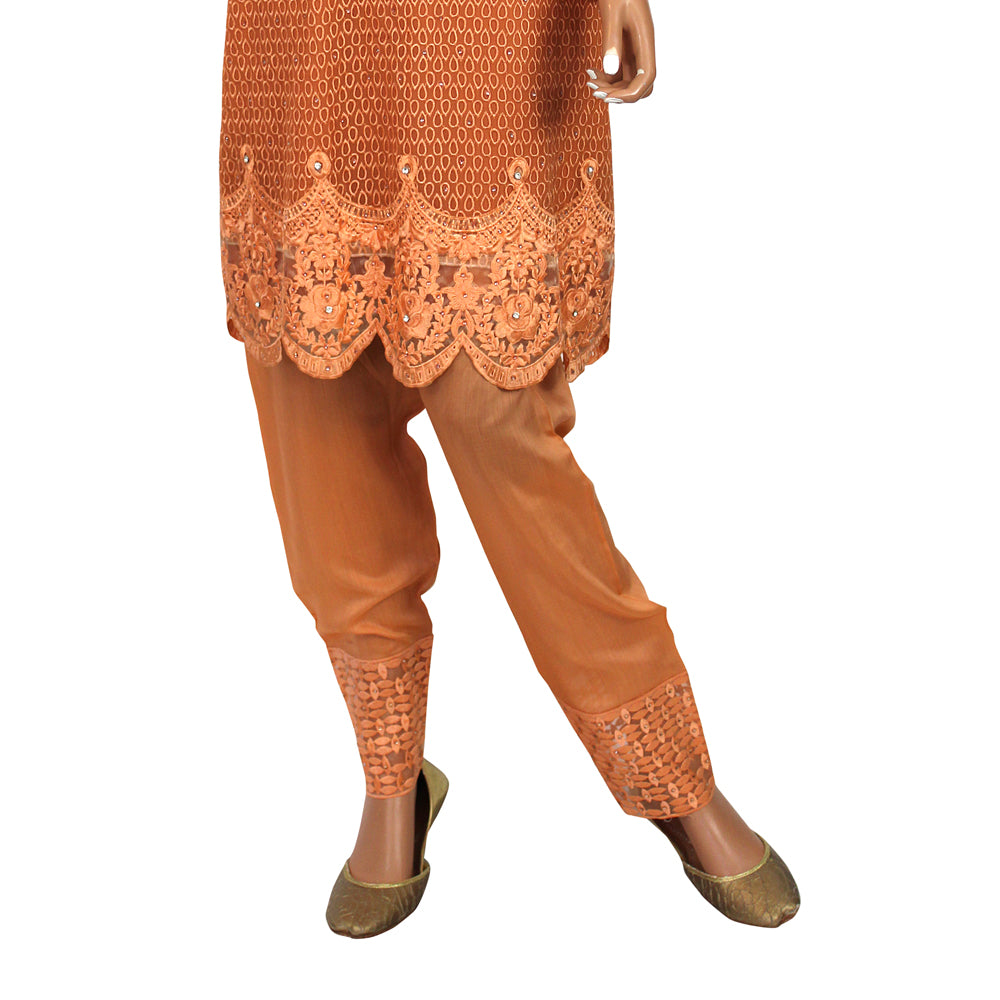 Orange Embroidered Chiffon Suit with Lace Trimmed Viscose Trouser KF-057