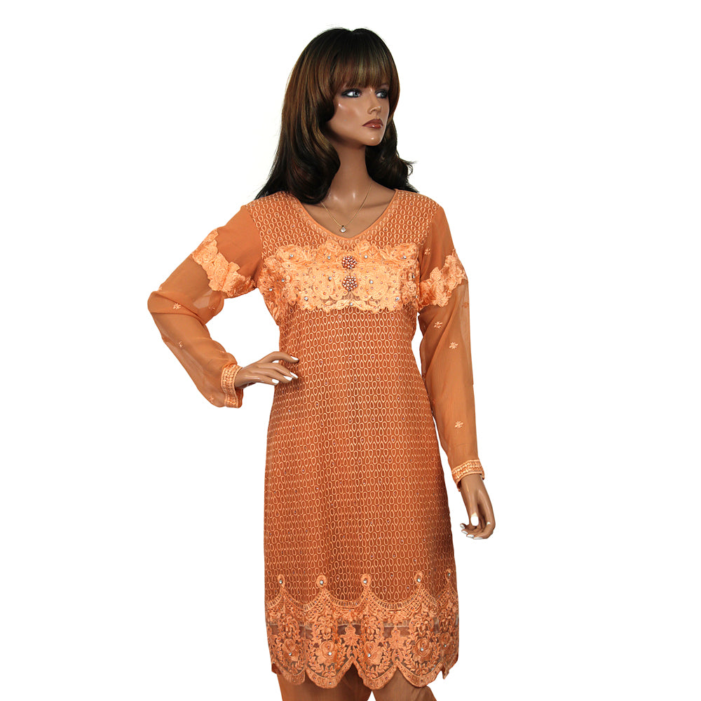 Orange Embroidered Chiffon Suit with Lace Trimmed Viscose Trouser KF-057