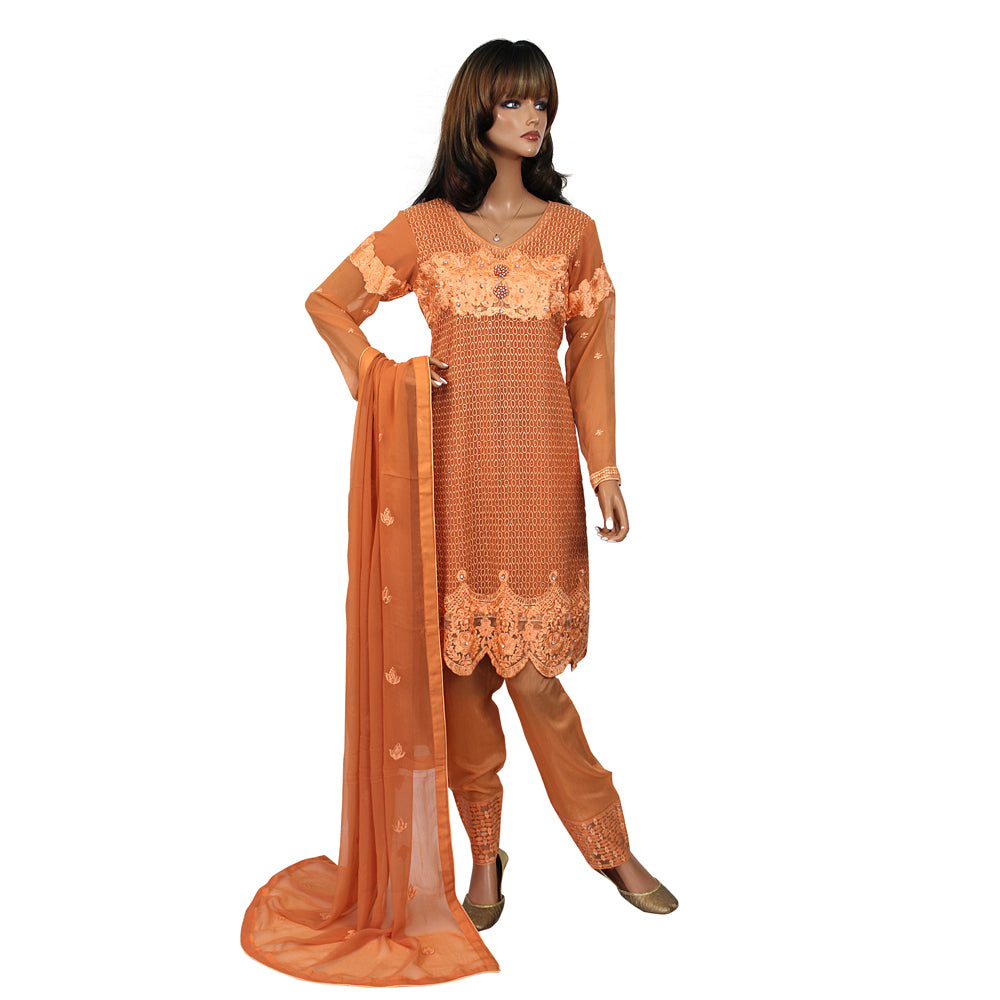 Orange Embroidered Chiffon Suit with Lace Trimmed Viscose Trouser KF-057
