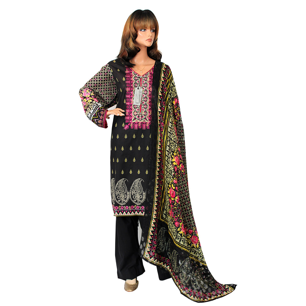 Gul Ahmed Black Block Print Lawn 3 Piece Suit with Pink Embroidery CD-038