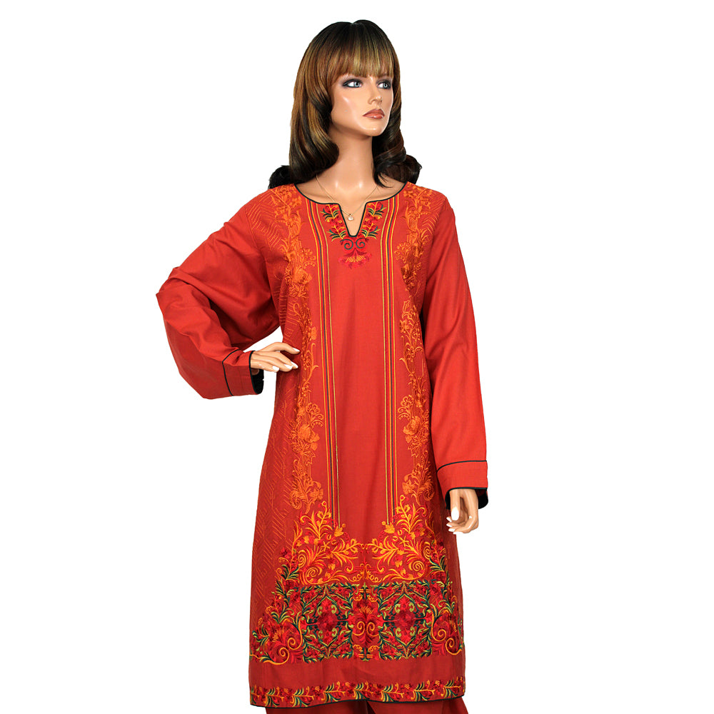 Red Linen Casual 3 Piece Suit with Mustard Printed Dupatta, CD-031