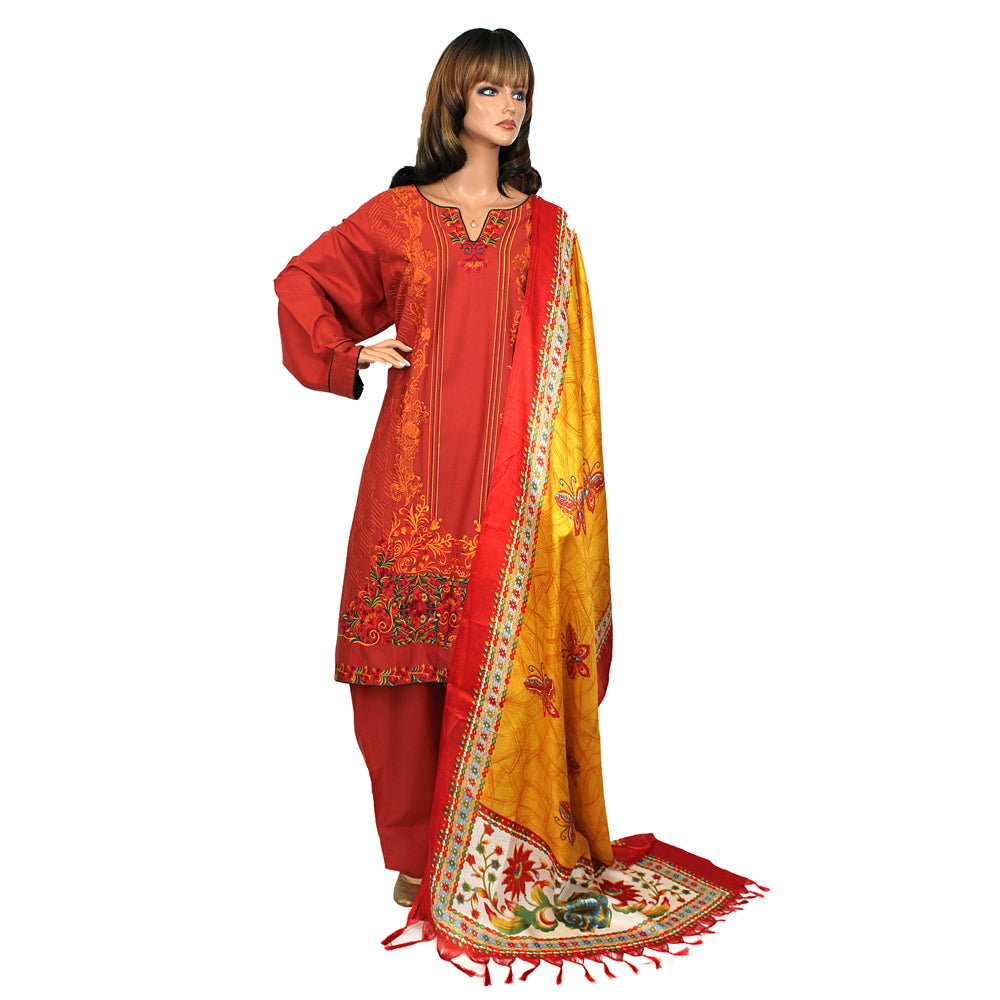 Red Linen Casual 3 Piece Suit with Mustard Printed Dupatta, CD-031
