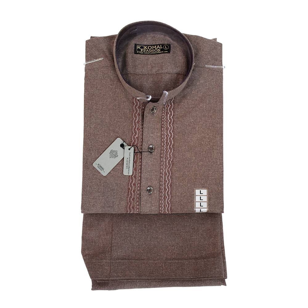 Men's Brown Shalwar Kameez with Embroidered Placket, MKS-007