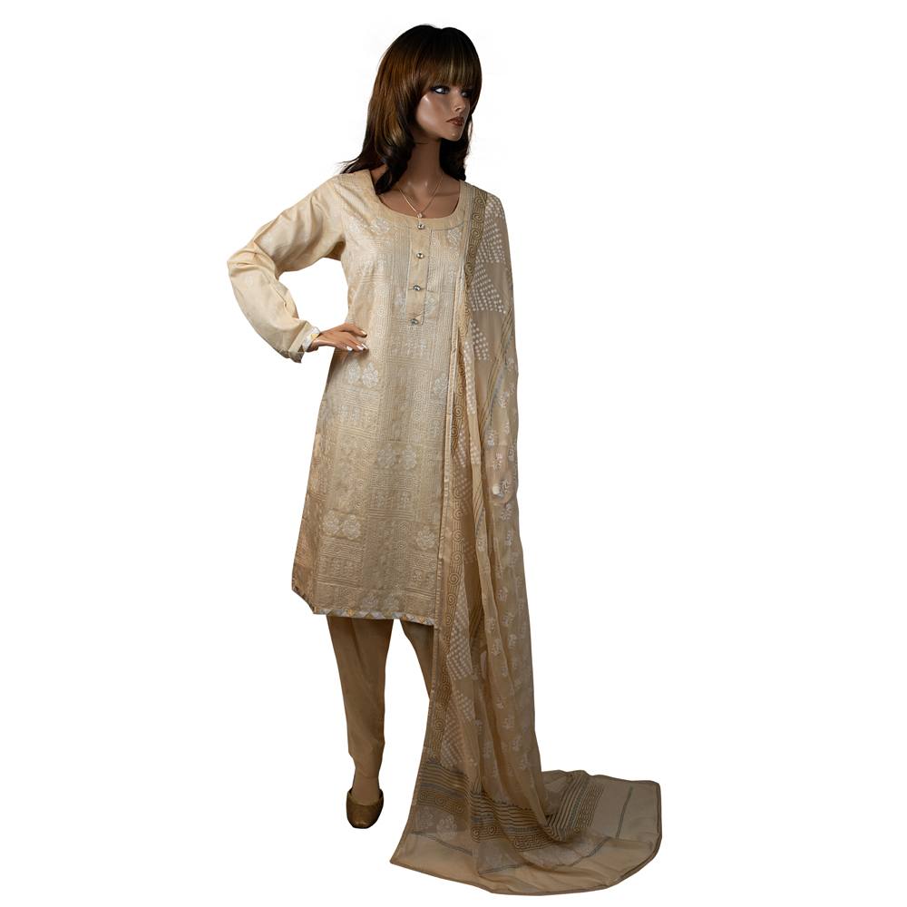 Cream Embroidered Lawn Formal Suit with Georgette Dupatta, FD-001
