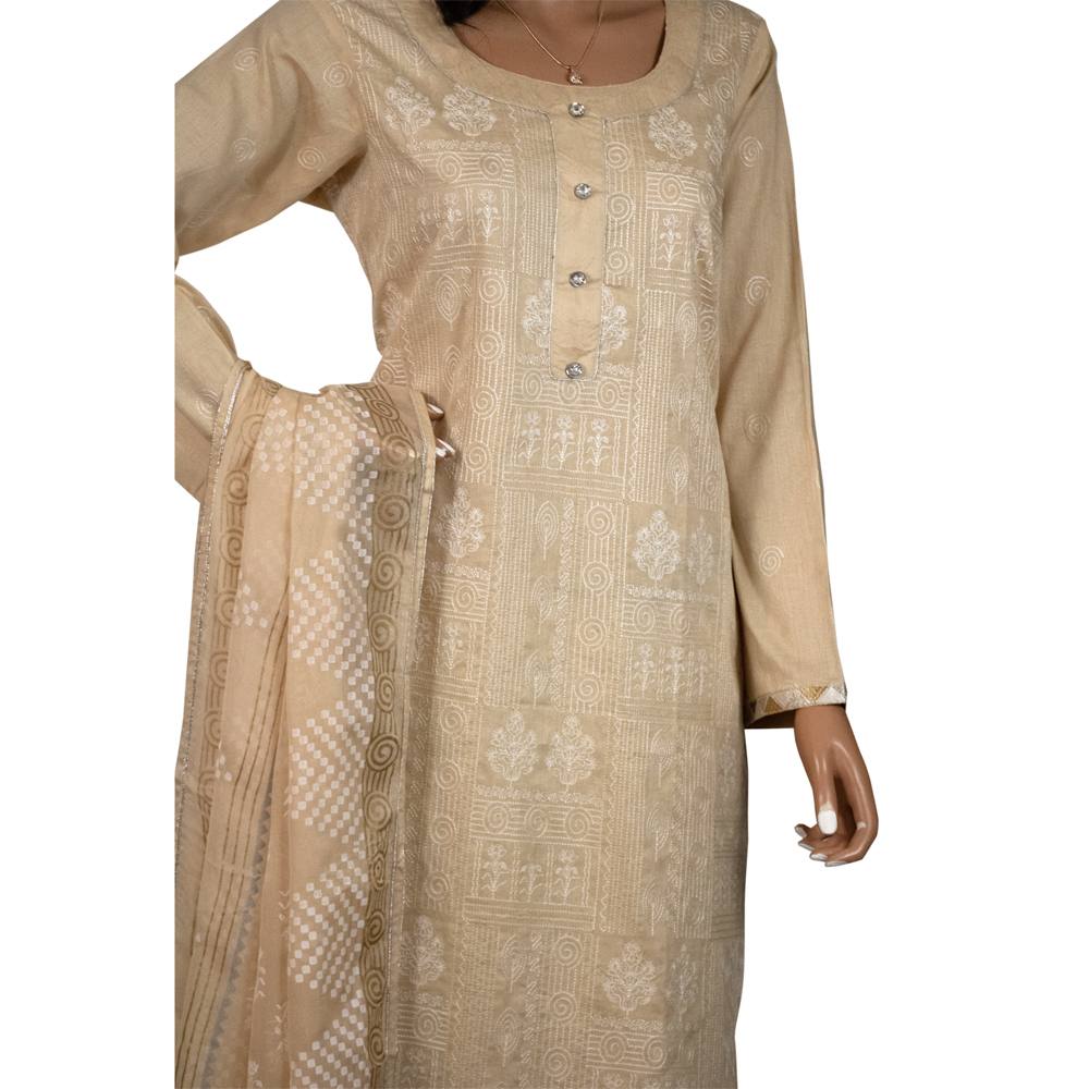Cream Embroidered Lawn Formal Suit with Georgette Dupatta, FD-001